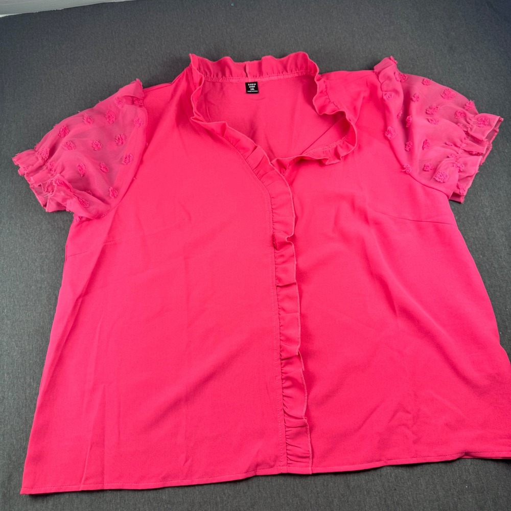 SHEIN Curve Hot Pink Ruffle V-Neck Blouse Swiss Dot Mesh Puff Sleeve Top 1XL - Picture 2 of 9